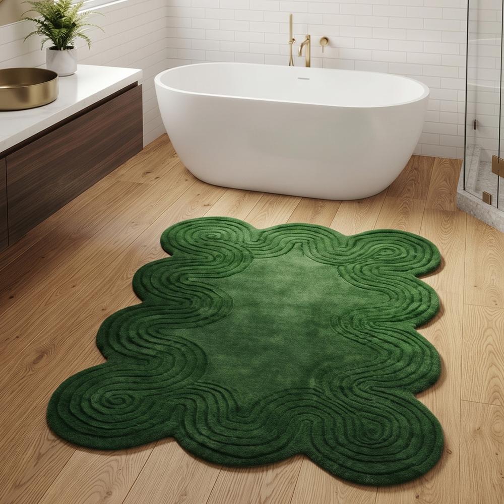Handmade Green Tufted Wool Rug with Scalloped Edge Design for Living Room and Bedroom