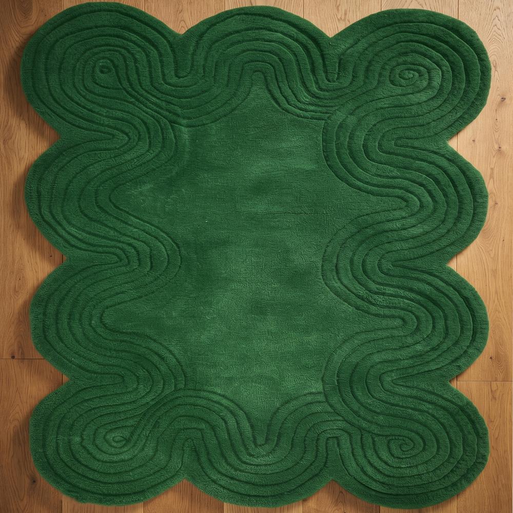 Handmade Green Tufted Wool Rug with Scalloped Edge Design for Living Room and Bedroom