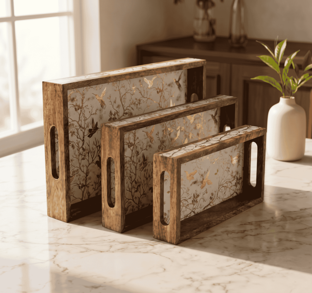 Wooden Serving Tray Set of 3 with Handles,