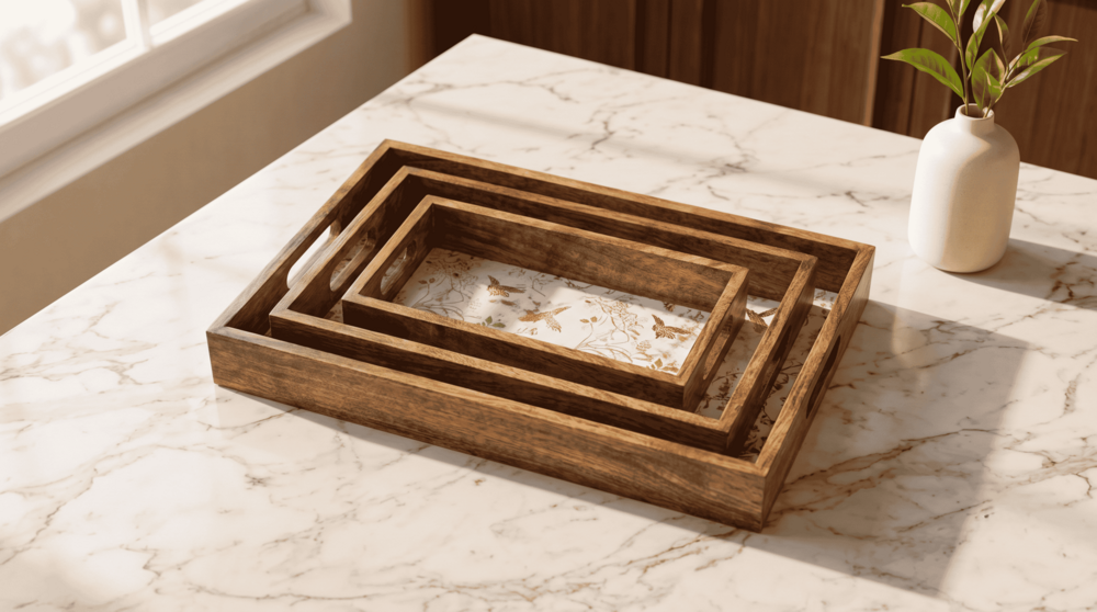 Wooden Serving Tray Set of 3 with Handles,