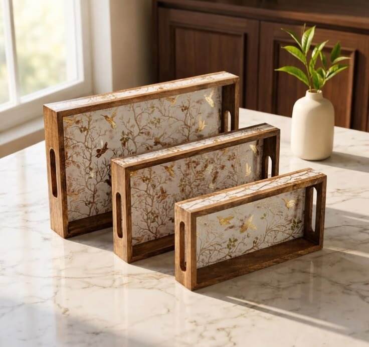 Wooden Serving Tray Set of 3 with Handles,