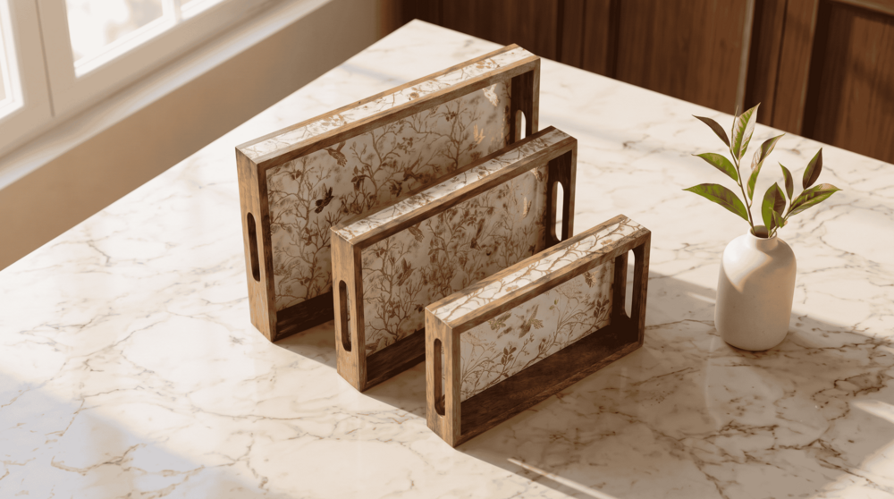 Wooden Serving Tray Set of 3 with Handles,