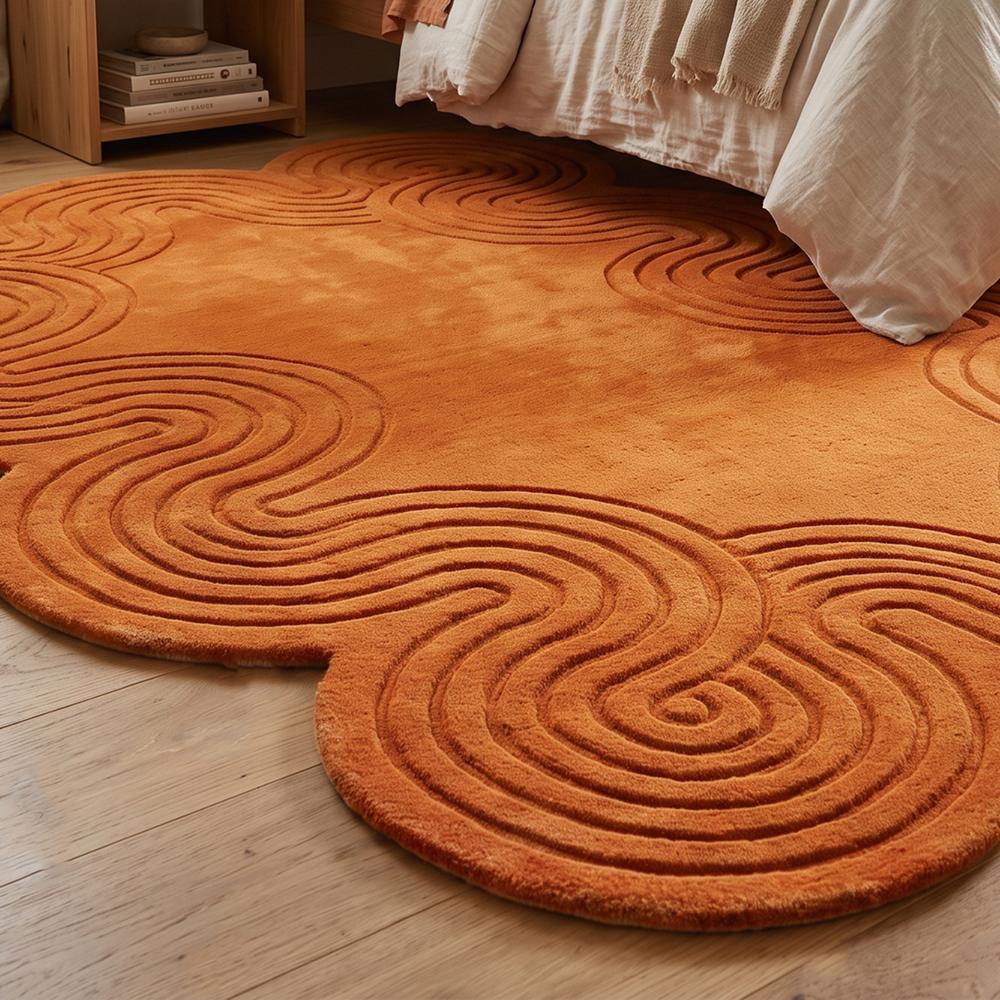Handmade Orange Wool Tufted Rug with Wavy Scalloped Edges