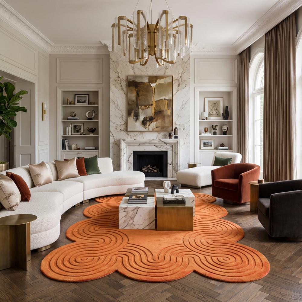 Handmade Orange Wool Tufted Rug with Wavy Scalloped Edges