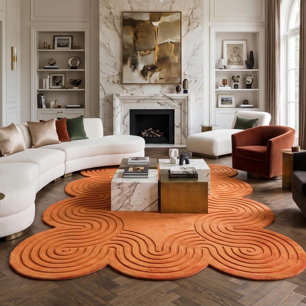 Handmade Orange Wool Tufted Rug with Wavy Scalloped Edges