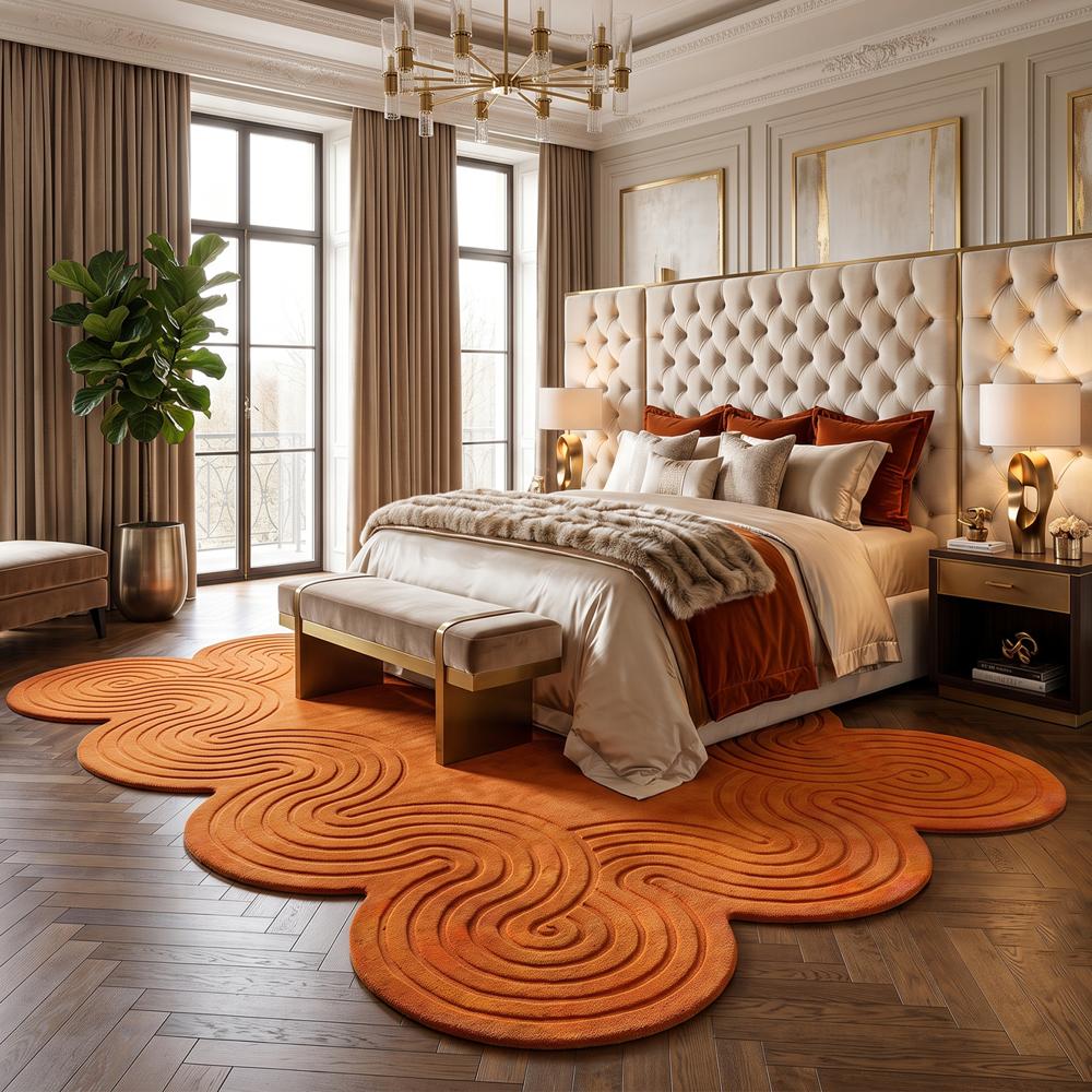 Handmade Orange Wool Tufted Rug with Wavy Scalloped Edges