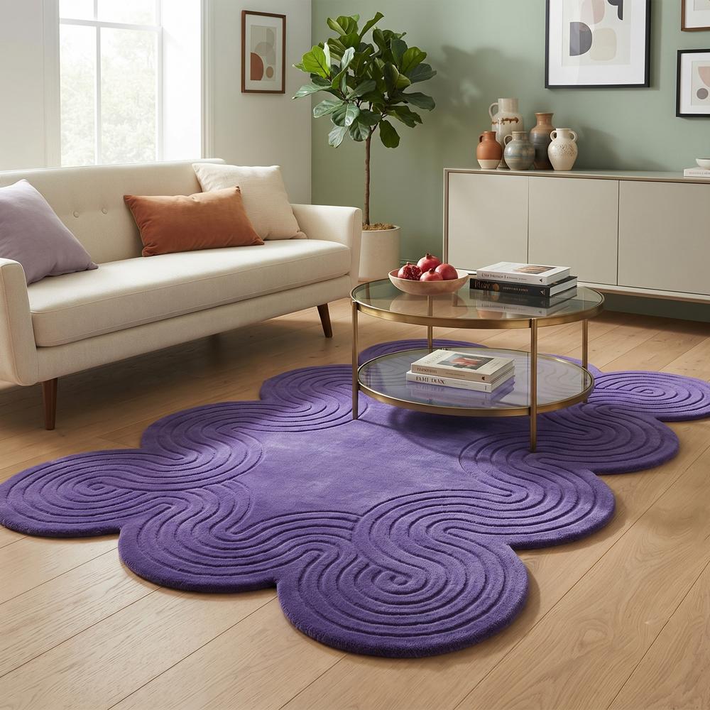 Handmade Purple Tufted Abstract Scalloped Area Rug