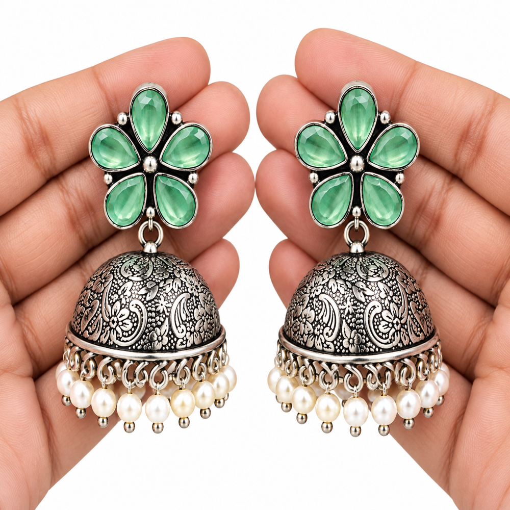 Aqua Green Flower Oxidized Silver Jhumka Earrings - Grade: A