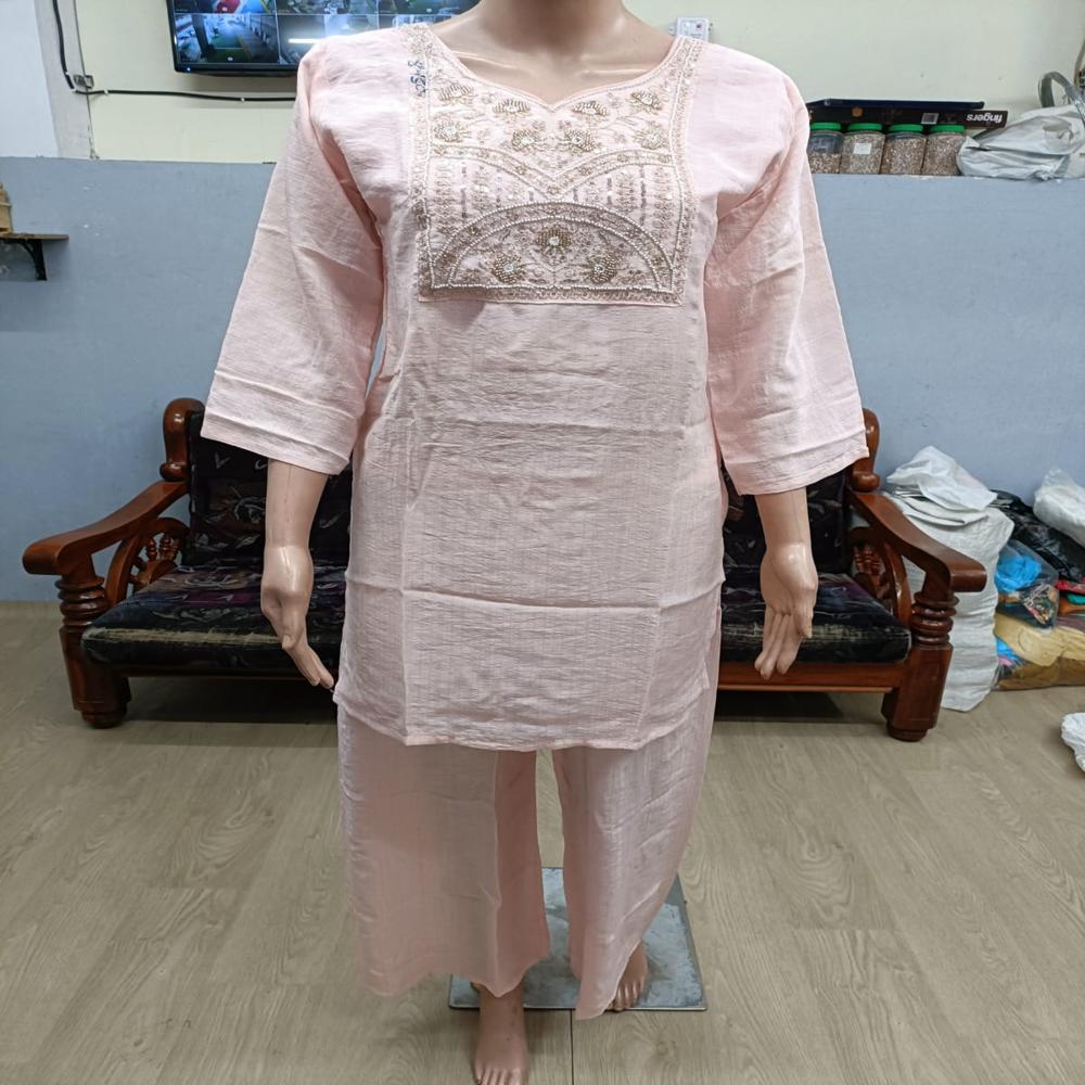 Elegant Blush Pink Embroidered Straight Kurta Set With Matching Pants - Bust Size: Na Inch (In)