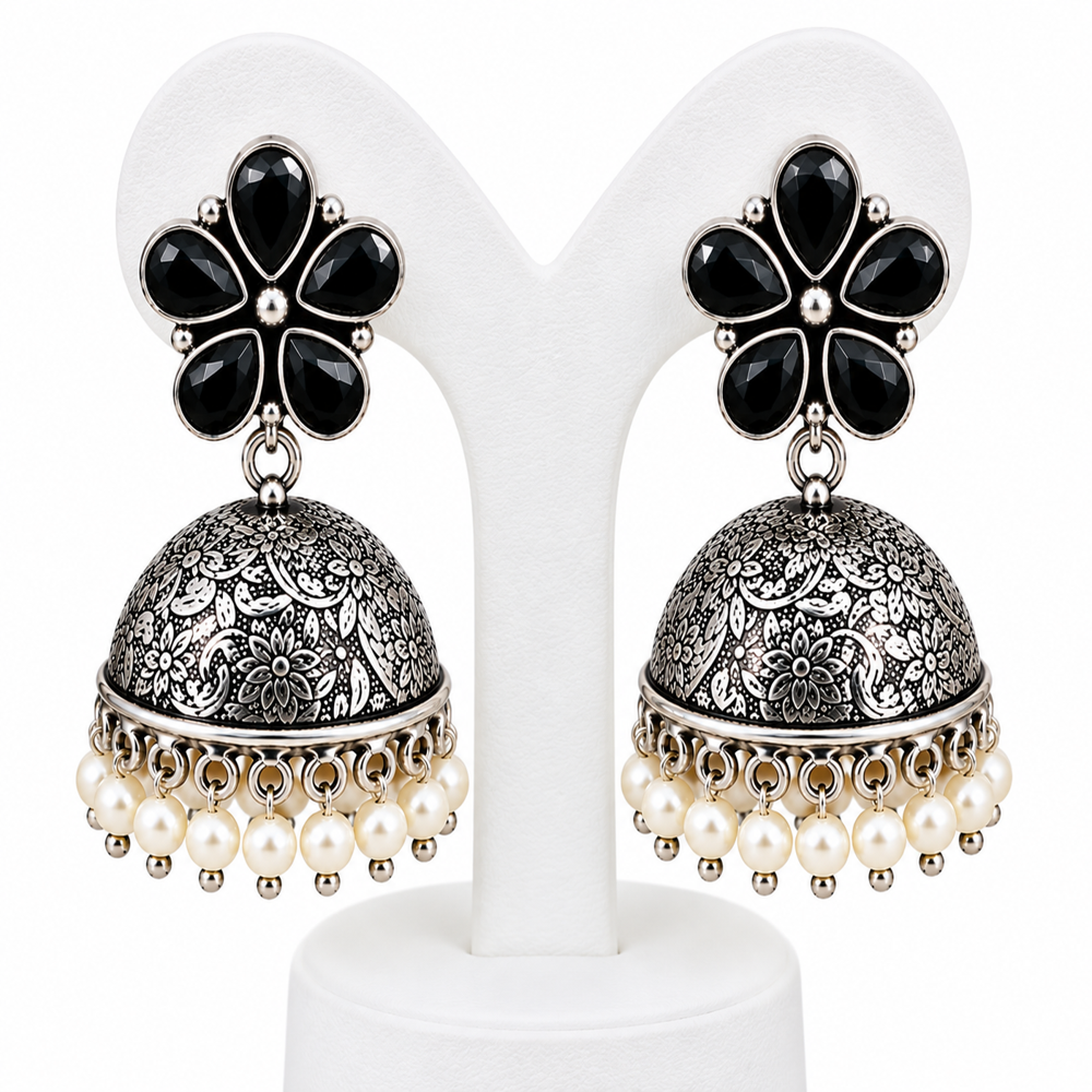 Oxidized Silver Flower Jhumka Earrings - Color: Green