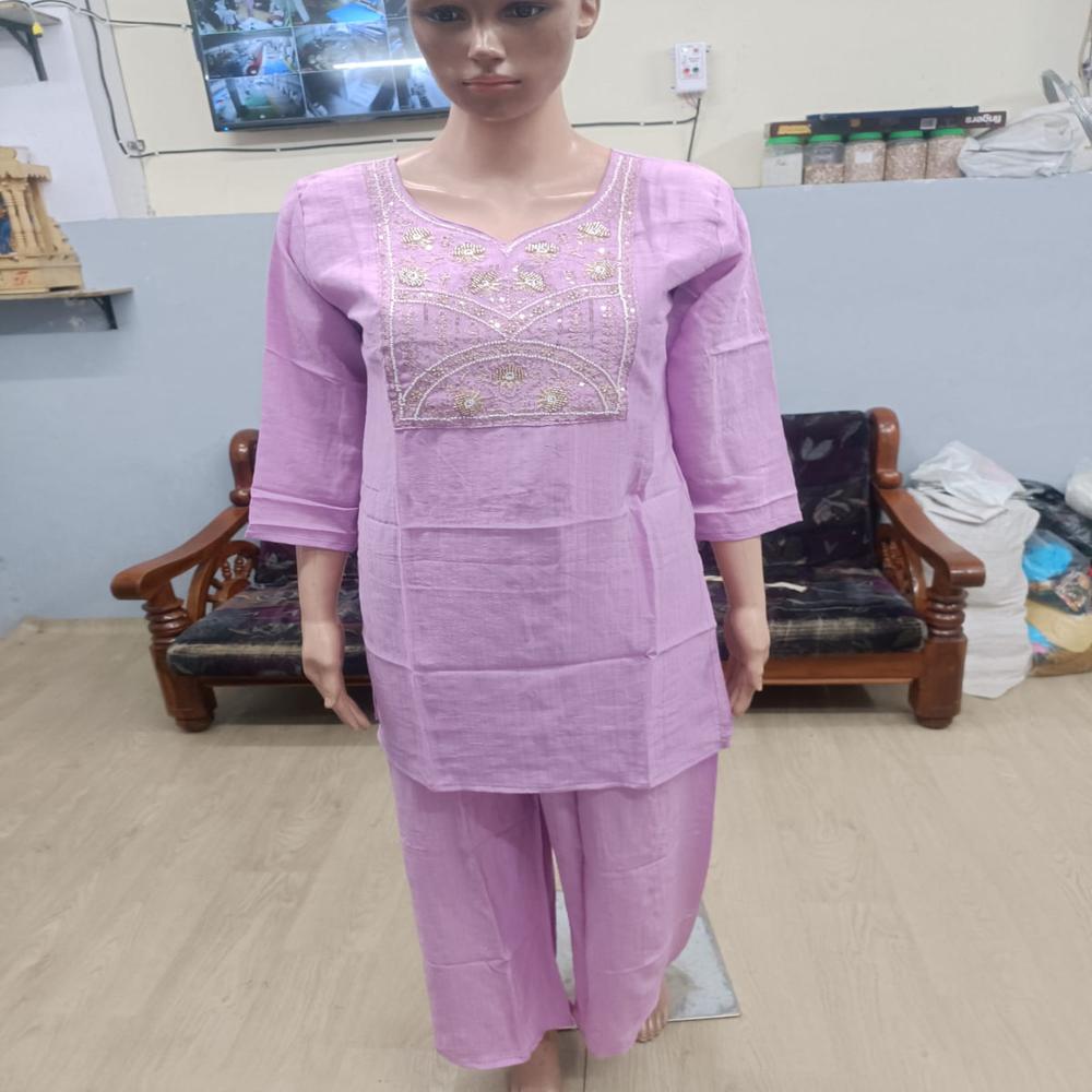 Elegant Lavender Embroidered Straight Kurta Set With Matching Pants - Bust Size: Na Inch (In)