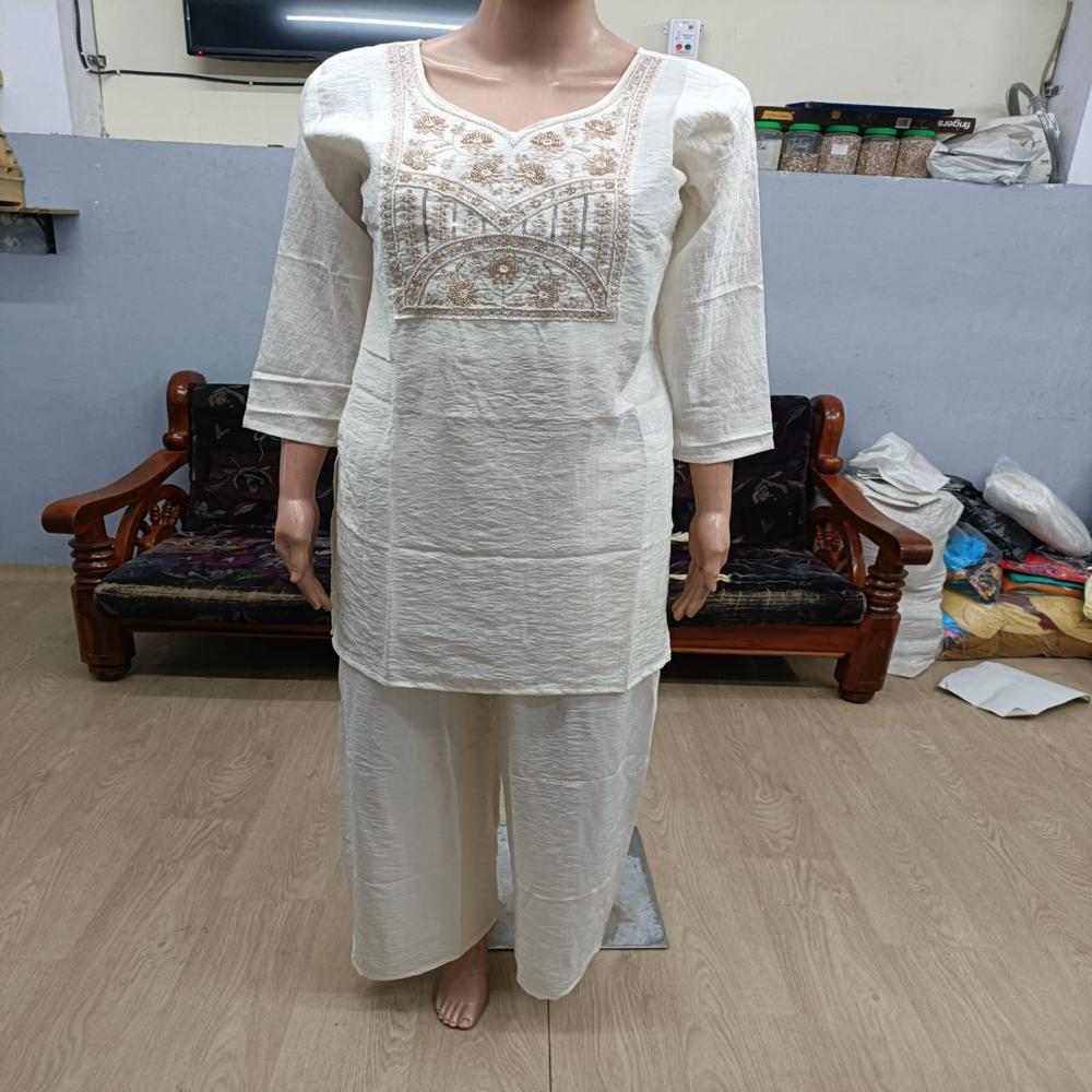 Elegant Ivory White Embroidered Straight Kurta Set With Palazzo Pants - Bust Size: Na Inch (In)