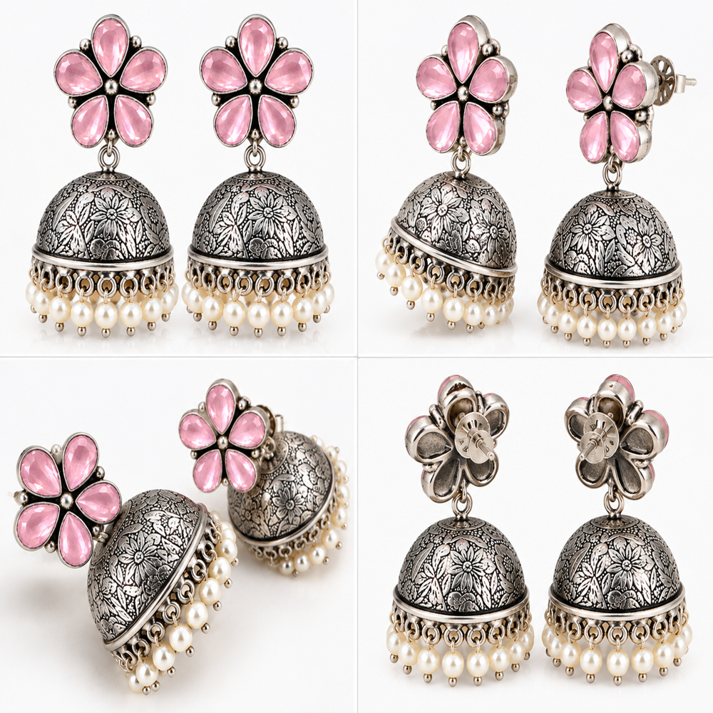 Flower Stone Oxidized Silver Jhumka Earrings - Color: Pink