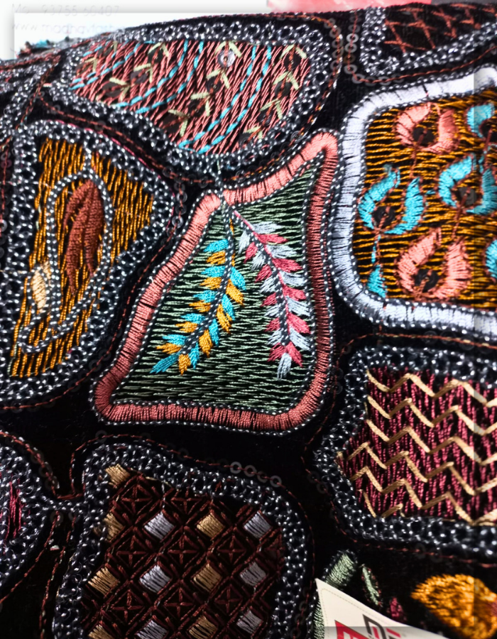 Luxury Multi-Color Embroidered Black Velvet Fabric