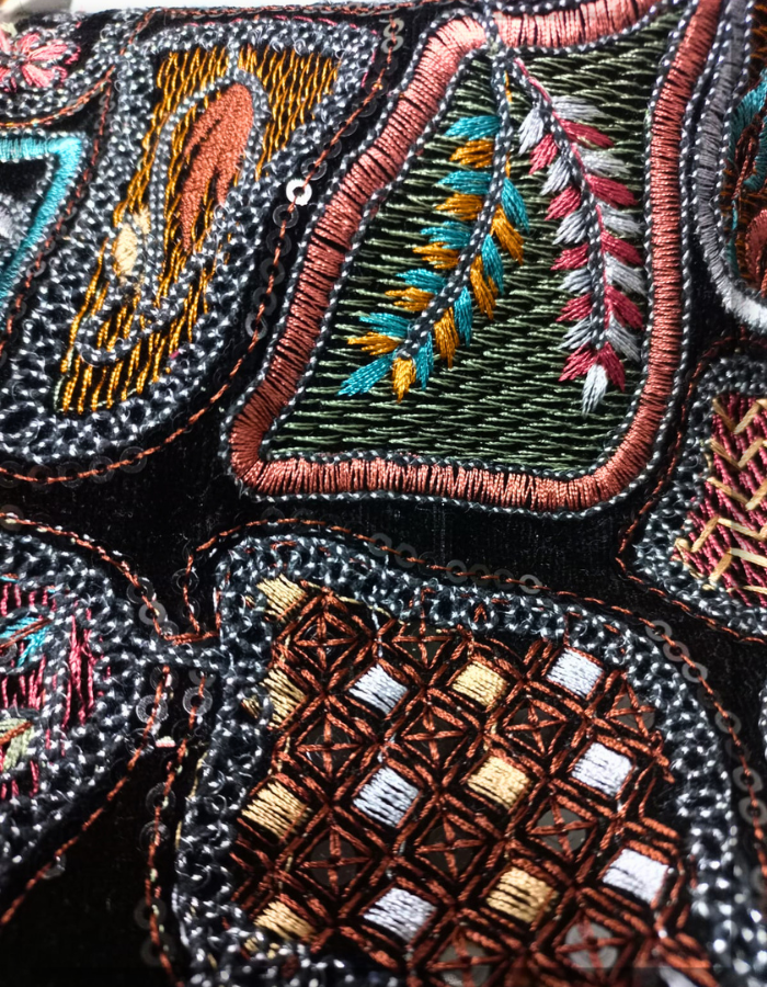 Luxury Multi-Color Embroidered Black Velvet Fabric