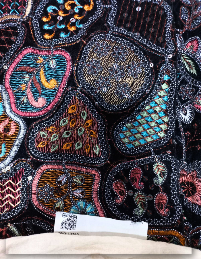 Luxury Multi-Color Embroidered Black Velvet Fabric