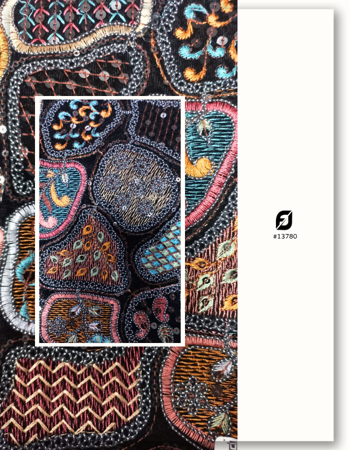 Luxury Multi-Color Embroidered Black Velvet Fabric