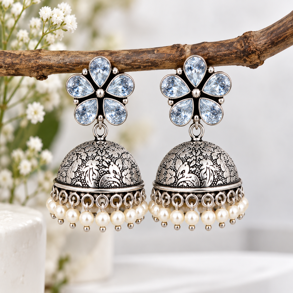 White Zircon Flower Fashion Dangle Earrings - Grade: A