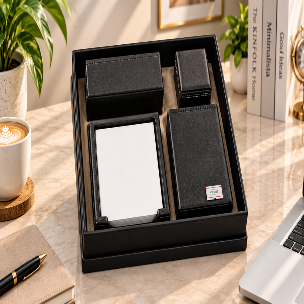 Jalan Executive Desk Accessory Gift Set - Color: Black With Beige Interior