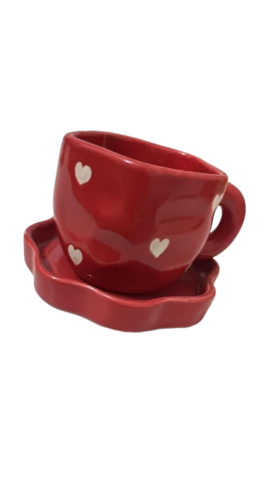 Red Heart Ceramic Cup and Saucer Set