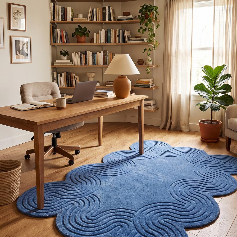 Blue Abstract Wavy Tufted Rug for Modern Home Decor