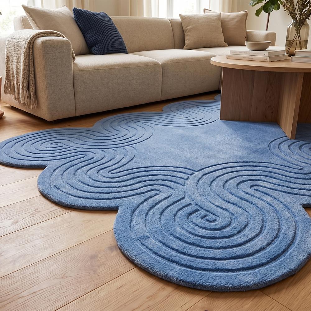 Blue Abstract Wavy Tufted Rug for Modern Home Decor