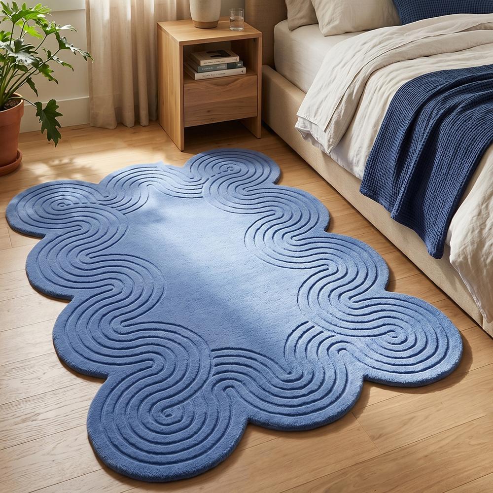 Blue Abstract Wavy Tufted Rug for Modern Home Decor
