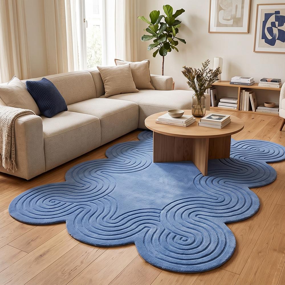 Blue Abstract Wavy Tufted Rug for Modern Home Decor