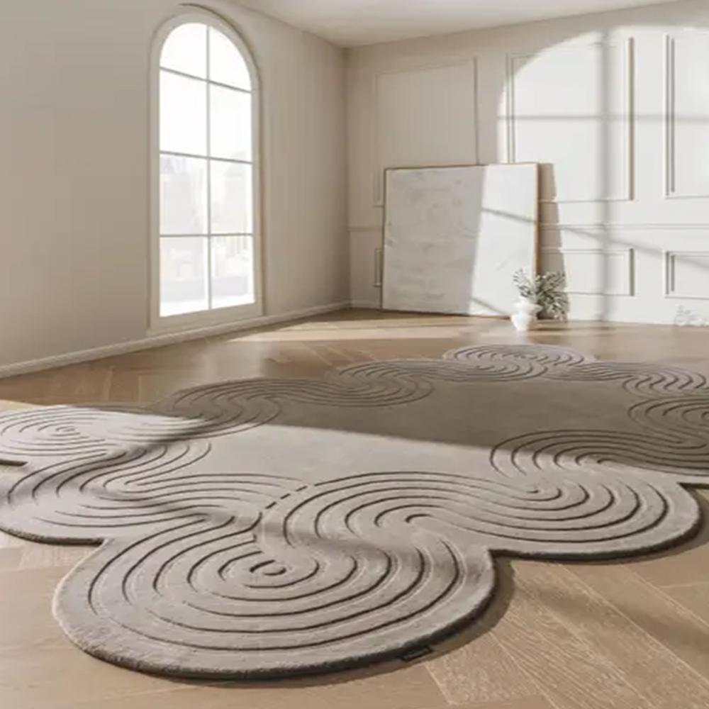 Taupe Beige Abstract Wavy Tufted Rug for Modern Home Decor