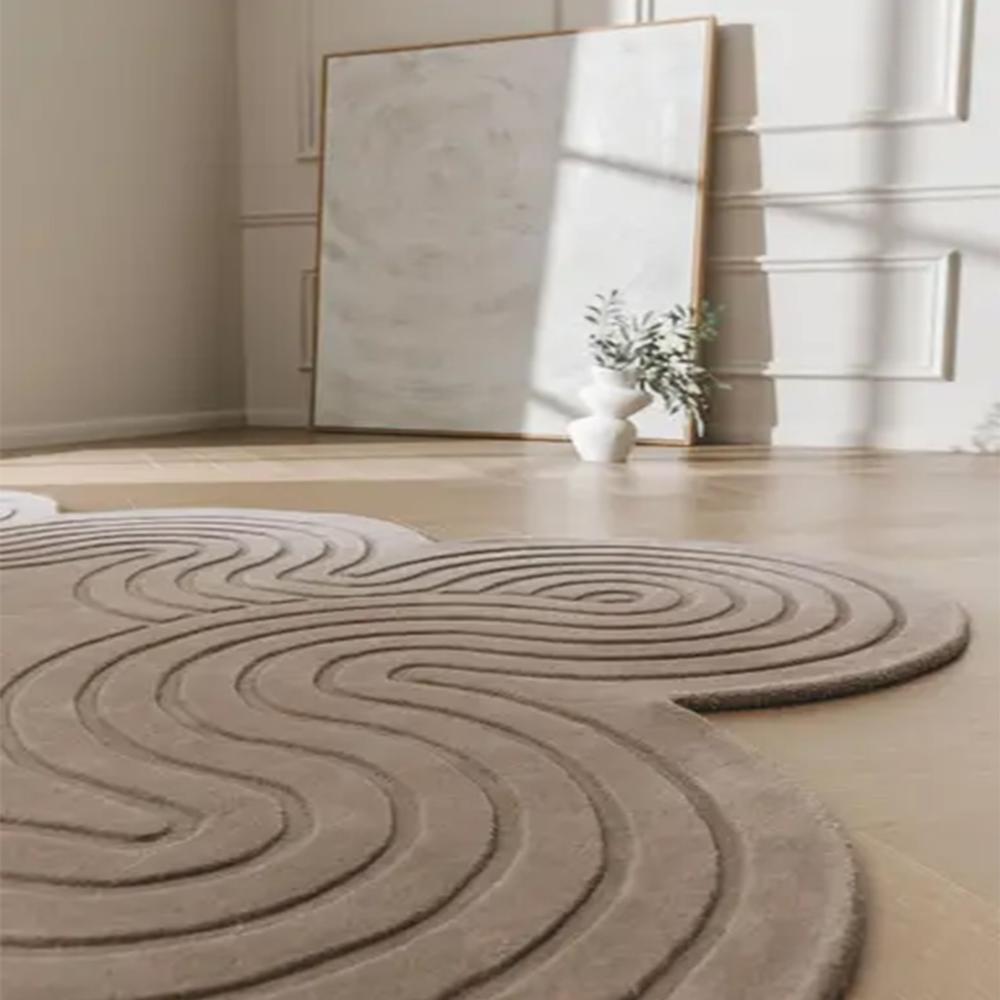 Taupe Beige Abstract Wavy Tufted Rug for Modern Home Decor