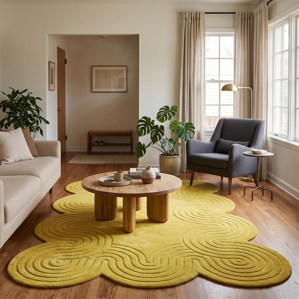 Yellow Abstract Wavy Tufted Rug for Modern Home Decor