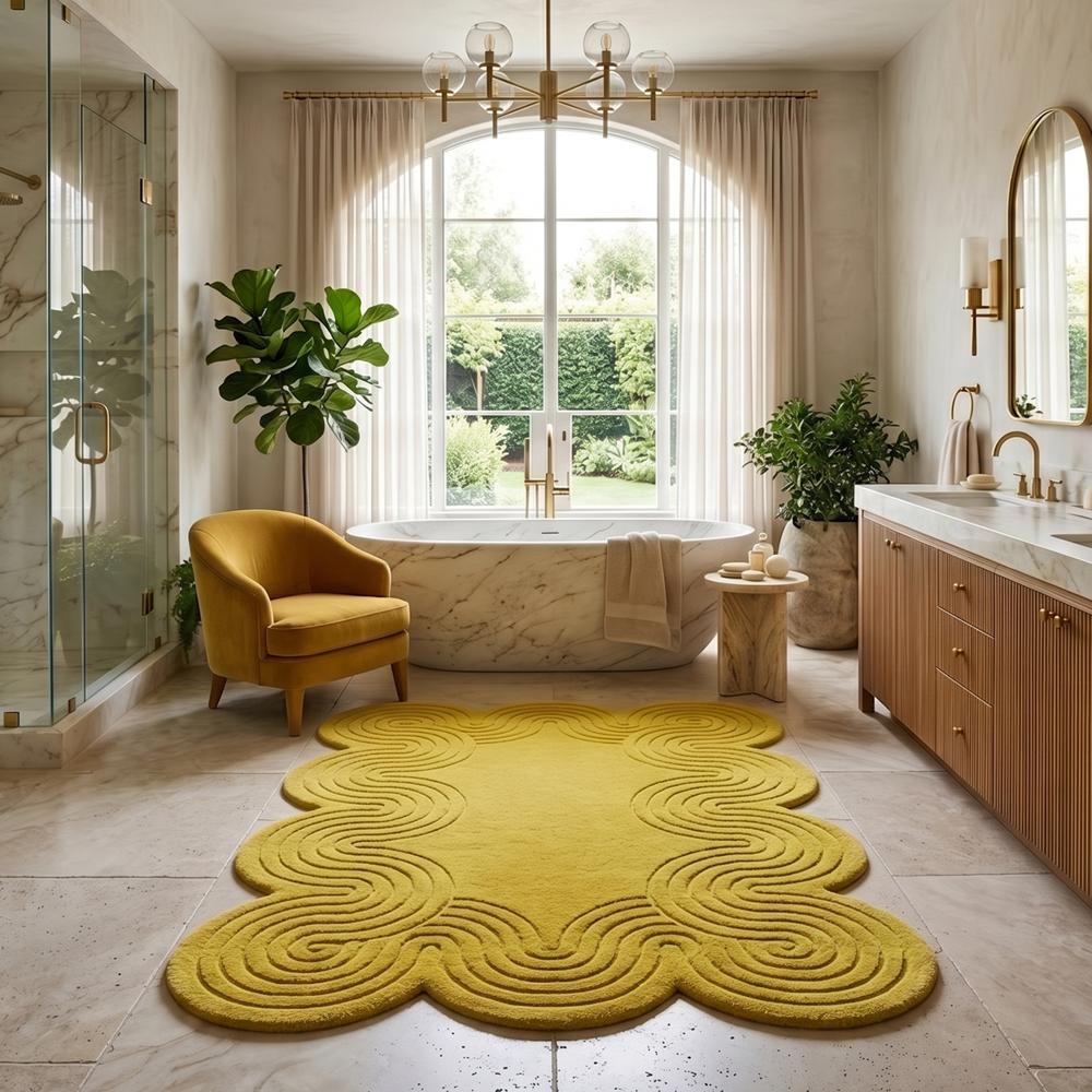 Yellow Abstract Wavy Tufted Rug for Modern Home Decor