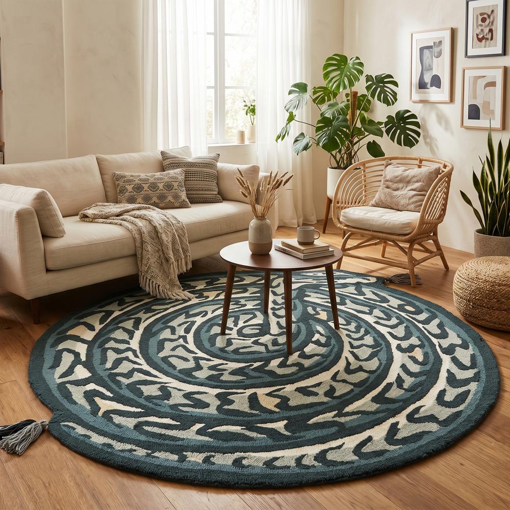 Handmade Round Snake Pattern Tufted Rug with Tassels for Bathroom and Home Decor