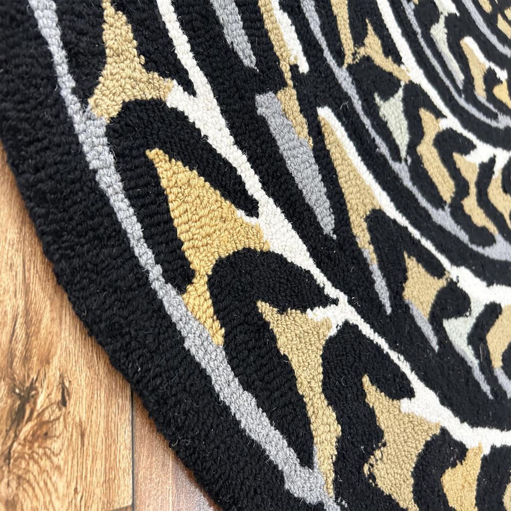 Handmade Round Black Snake Pattern Tufted Rug with Grey Gold and Cream Accents and Tassels