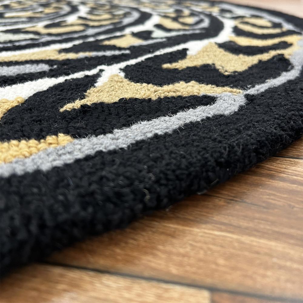 Handmade Round Black Snake Pattern Tufted Rug with Grey Gold and Cream Accents and Tassels