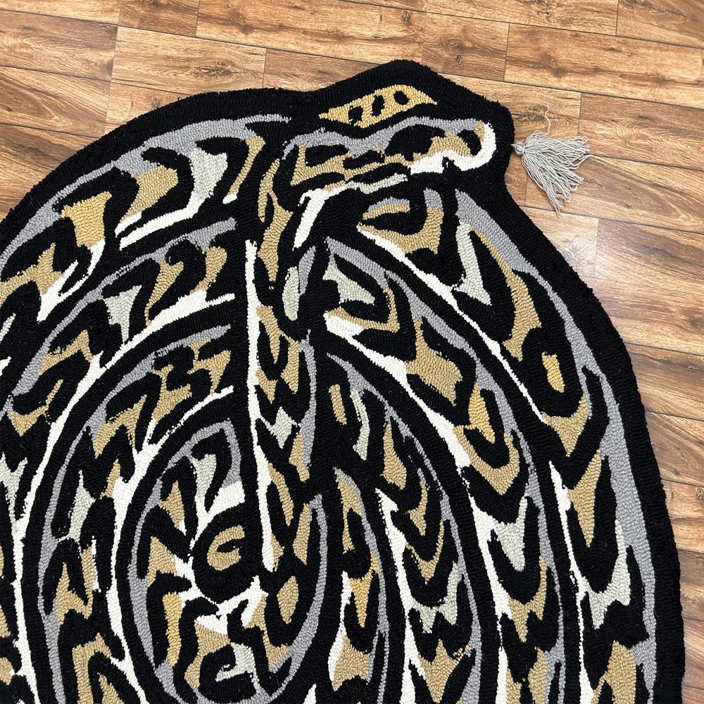 Handmade Round Black Snake Pattern Tufted Rug with Grey Gold and Cream Accents and Tassels