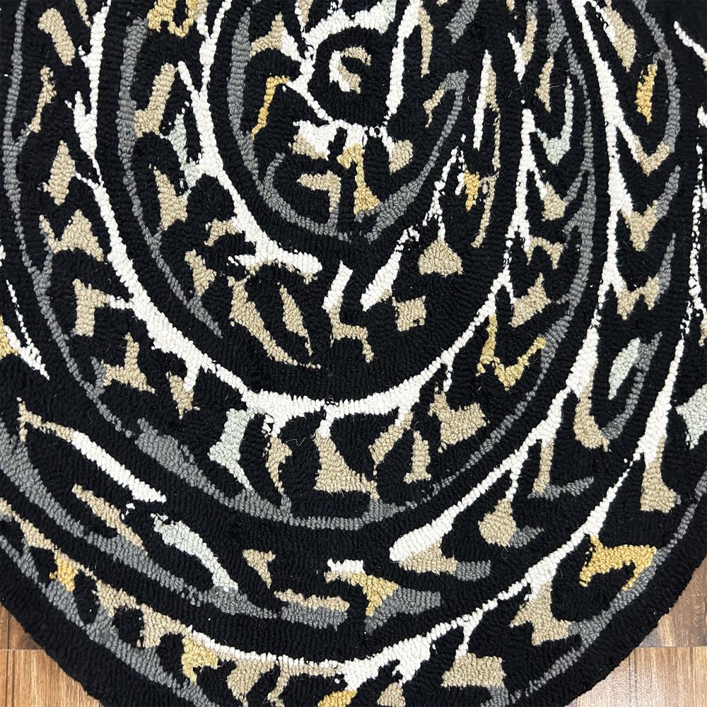Handmade Round Black Snake Pattern Tufted Rug with Grey Gold and Cream Accents and Tassels
