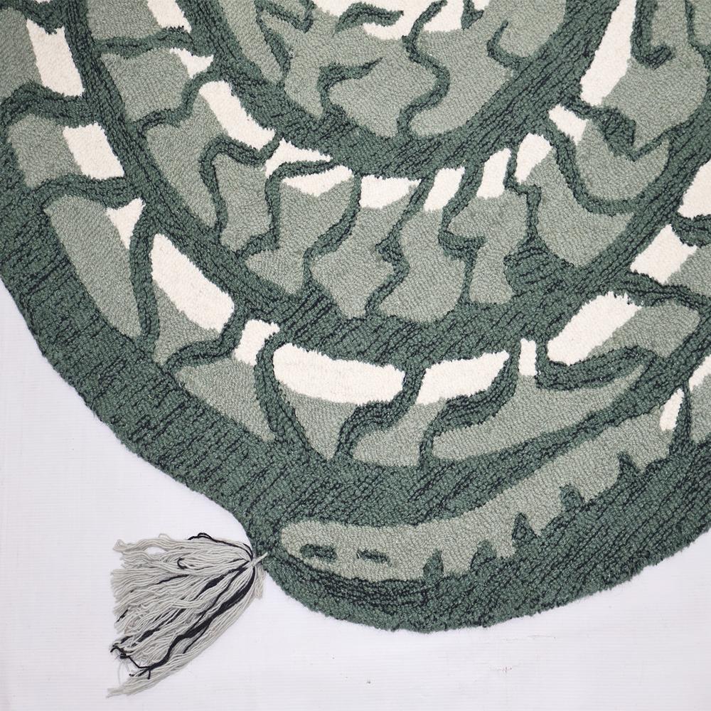 Handmade Round Green Snake Pattern Tufted Rug With Cream Accents And Decorative Tassels - Color: All