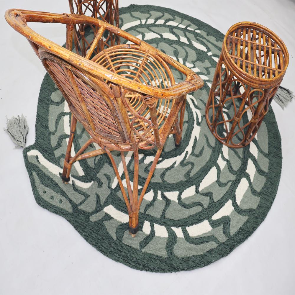 Handmade Round Green Snake Pattern Tufted Rug with Cream Accents and Decorative Tassels