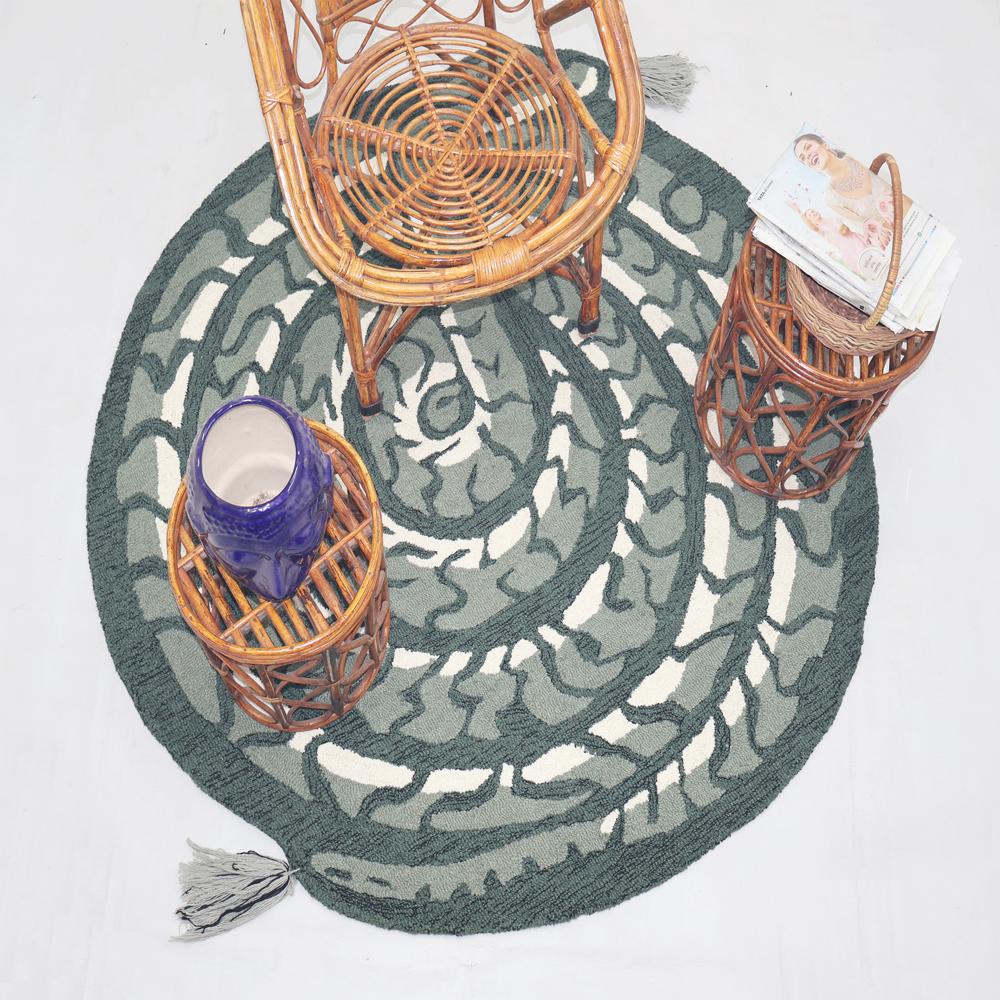 Handmade Round Green Snake Pattern Tufted Rug with Cream Accents and Decorative Tassels