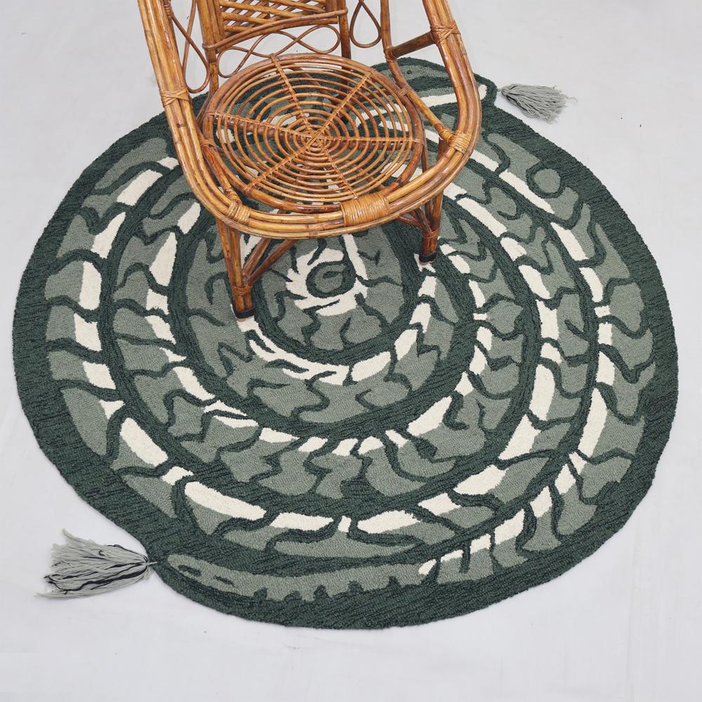 Handmade Round Green Snake Pattern Tufted Rug with Cream Accents and Decorative Tassels