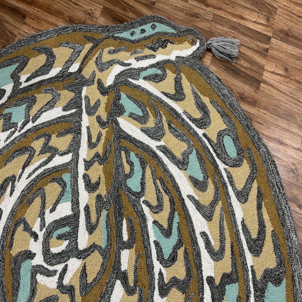 Handmade Oval Snake Pattern Tufted Rug with Mustard Yellow Teal Grey and Cream Colors