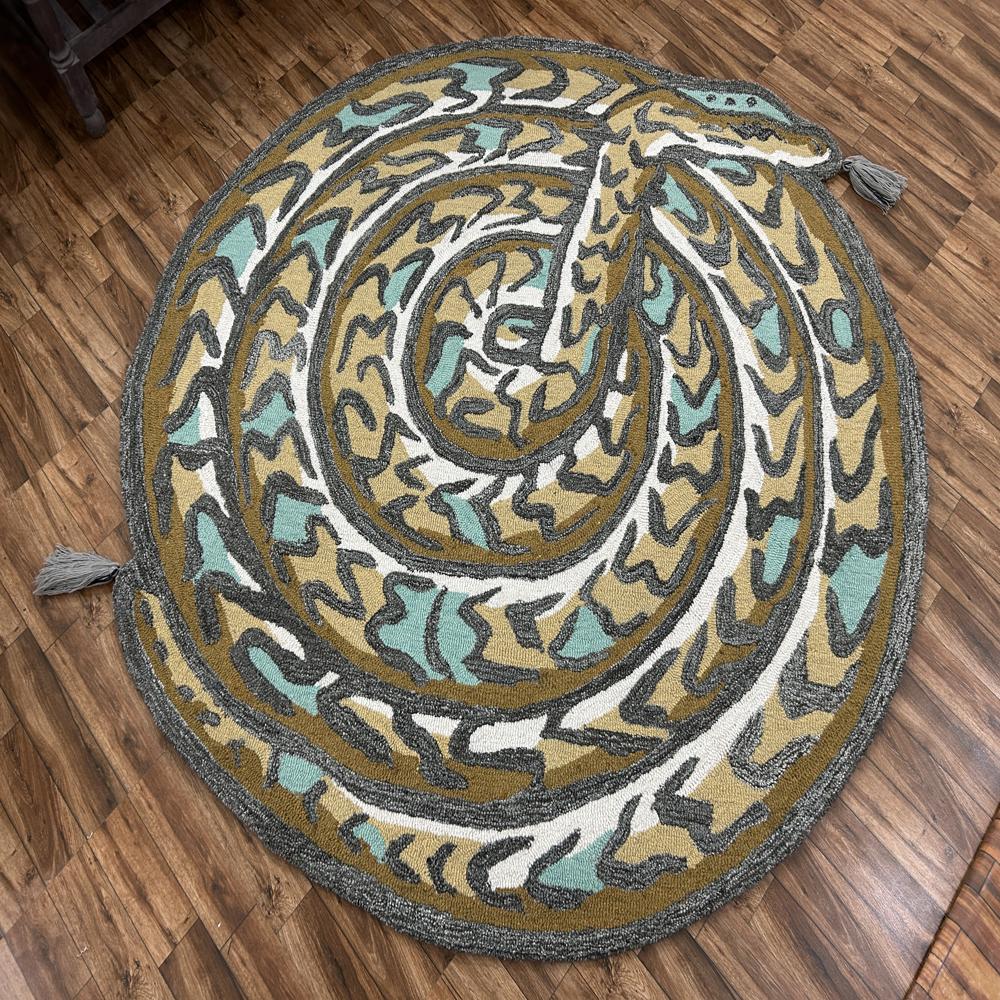 Handmade Oval Snake Pattern Tufted Rug with Mustard Yellow Teal Grey and Cream Colors