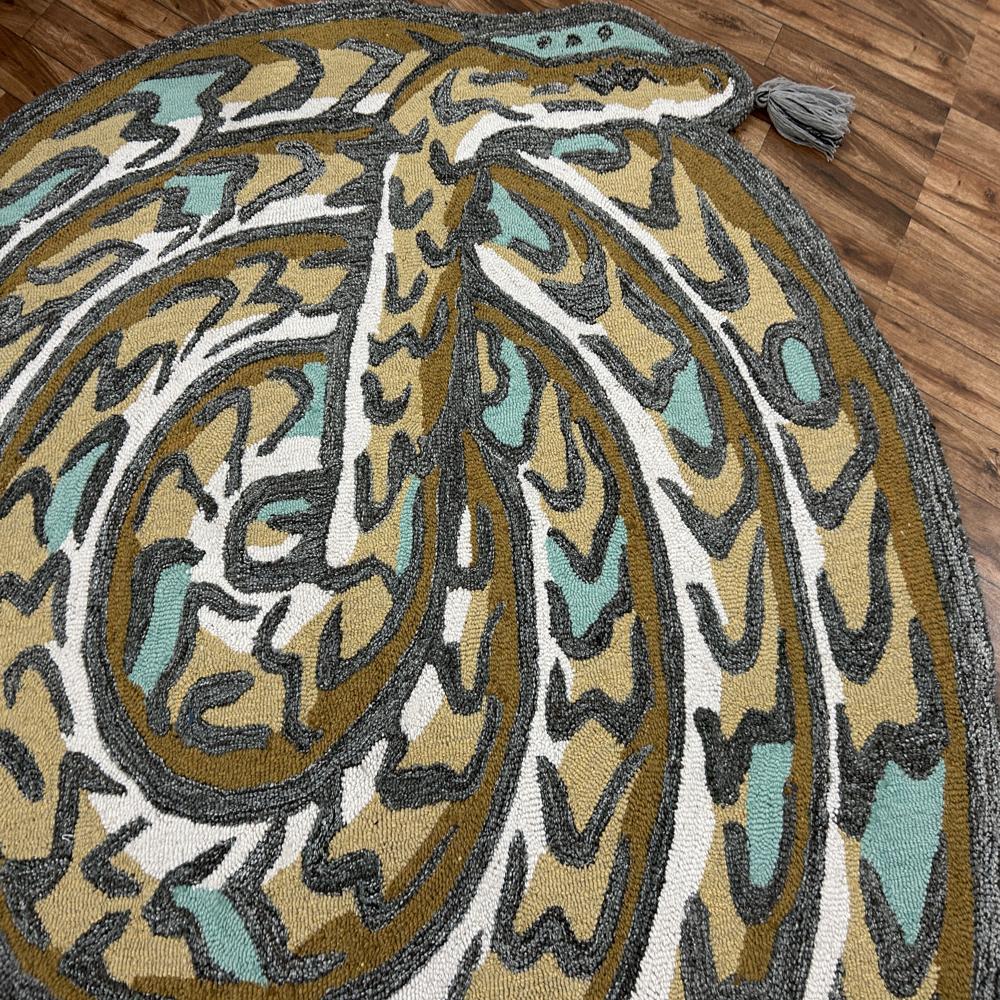 Handmade Oval Snake Pattern Tufted Rug with Mustard Yellow Teal Grey and Cream Colors