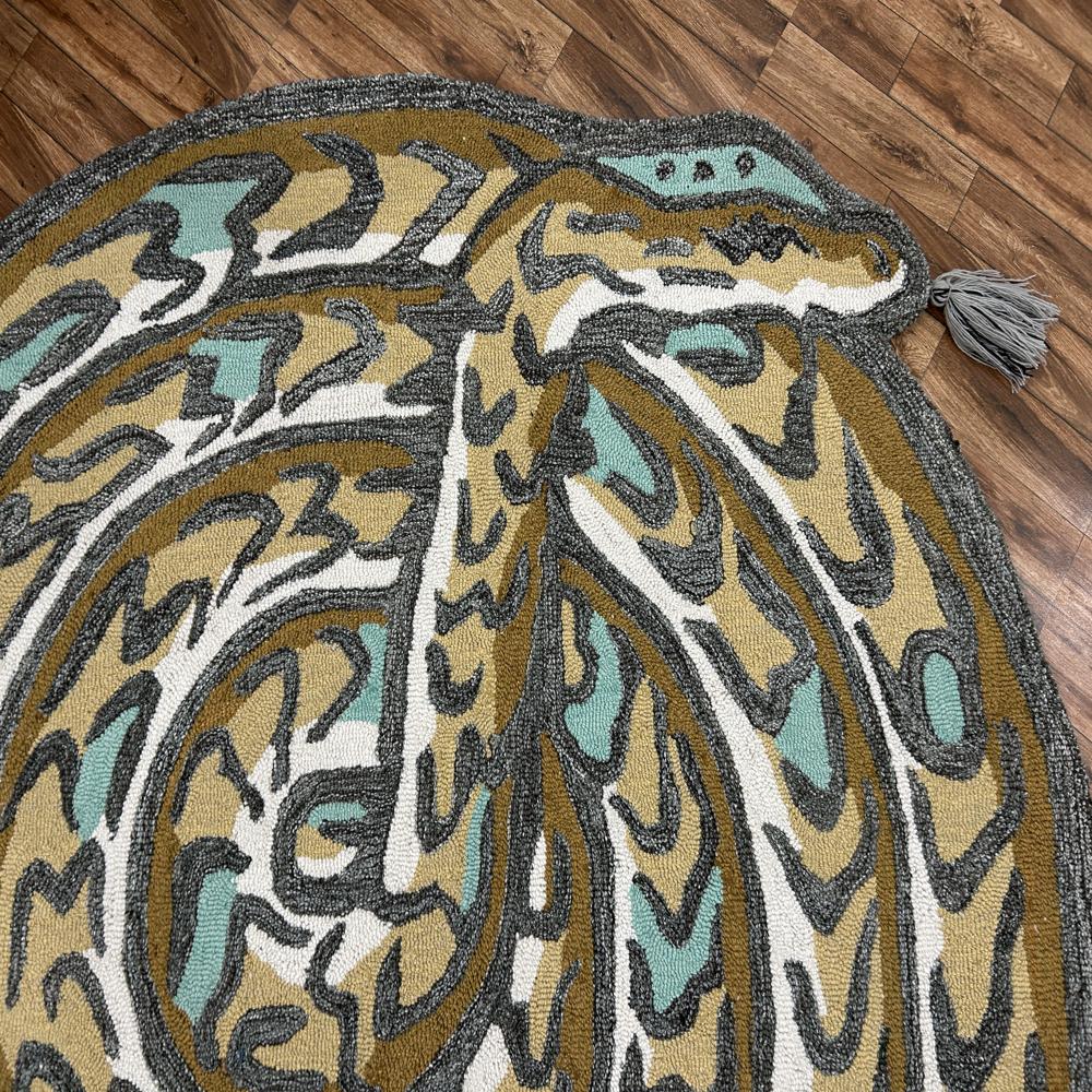 Handmade Oval Snake Pattern Tufted Rug with Mustard Yellow Teal Grey and Cream Colors
