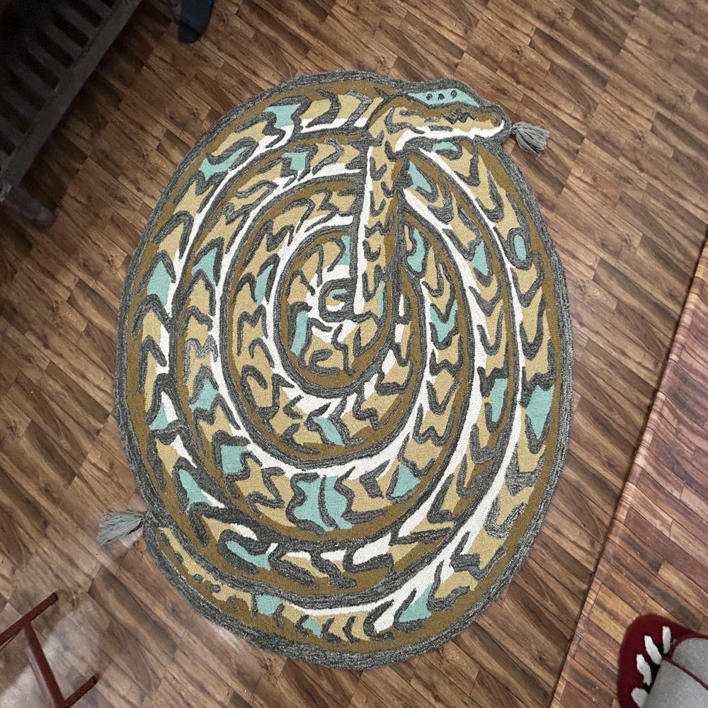 Handmade Oval Snake Pattern Tufted Rug with Mustard Yellow Teal Grey and Cream Colors