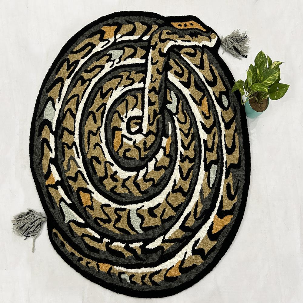 Handmade Oval Black Snake Pattern Tufted Rug with Mustard Yellow Grey and Cream Accents
