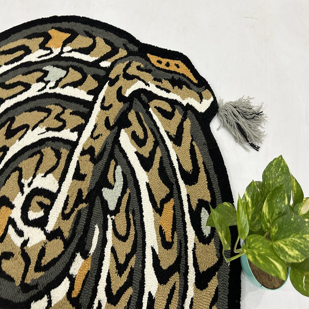 Handmade Oval Black Snake Pattern Tufted Rug with Mustard Yellow Grey and Cream Accents