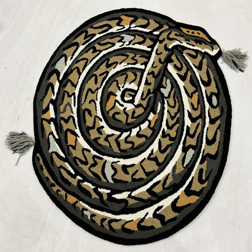 Handmade Oval Black Snake Pattern Tufted Rug with Mustard Yellow Grey and Cream Accents
