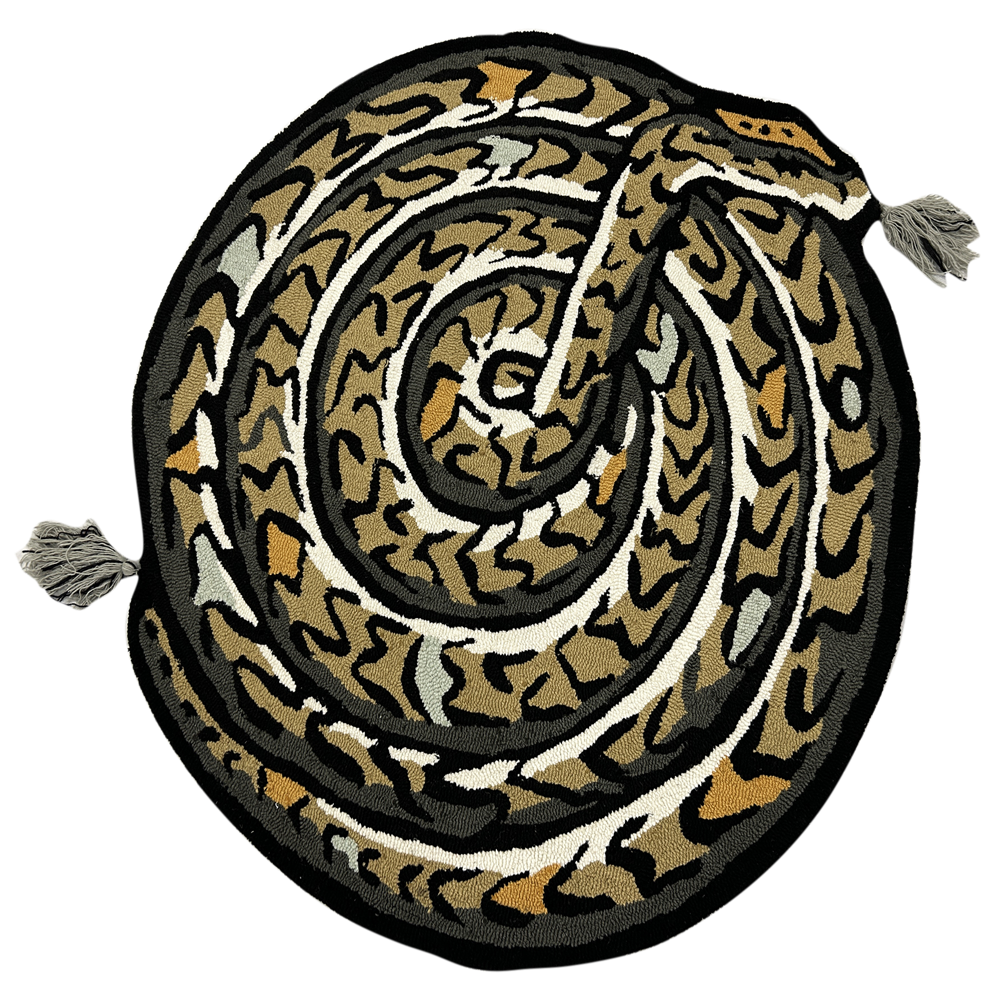 Handmade Oval Black Snake Pattern Tufted Rug with Mustard Yellow Grey and Cream Accents